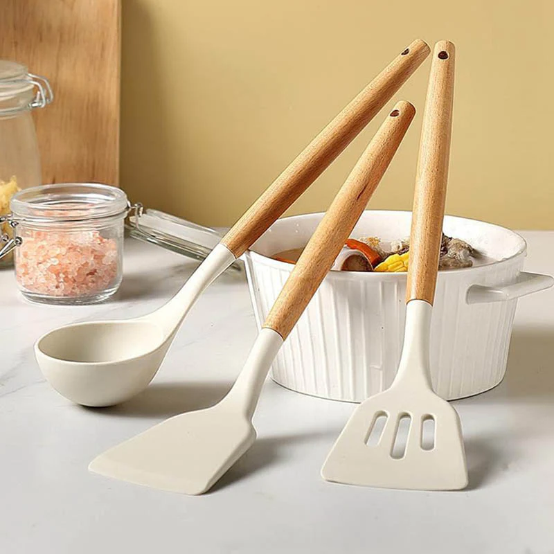 Silicone Spatulas with Wooden Handle - Three Piece Set